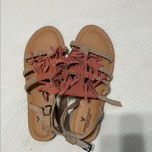 American Eagle Outfitters Women's Tan and Rust Fringe Sandals